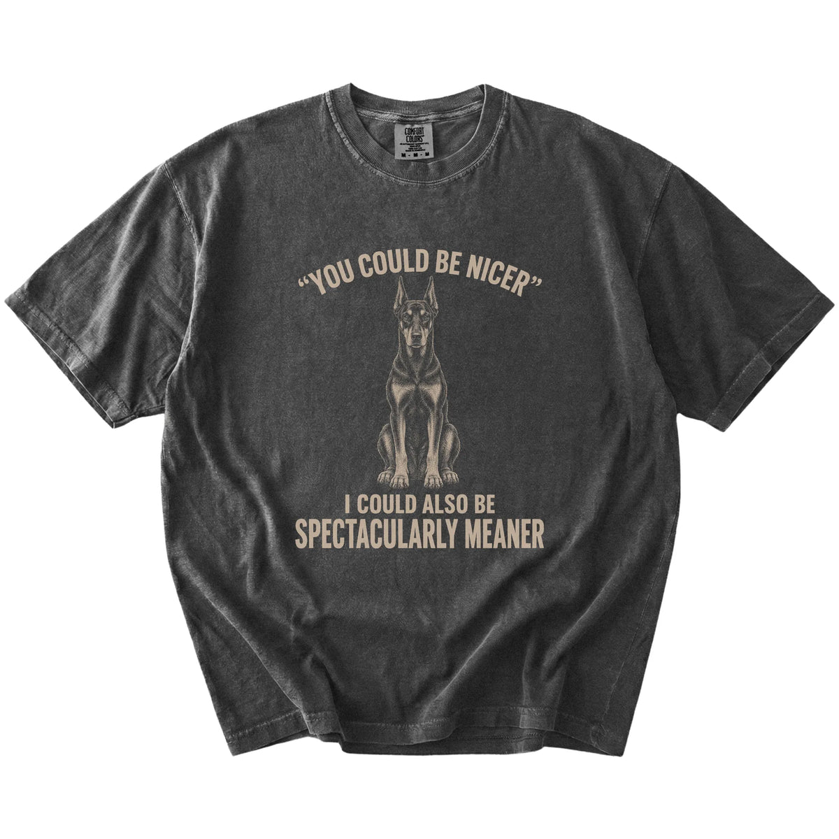 Doberman Guard Dog T-Shirt in Pepper — flat lay
