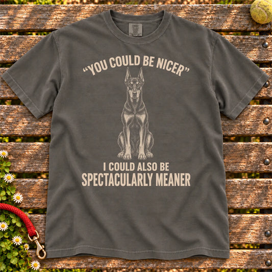 Doberman Guard Dog design on a Pepper Comfort Colors T-shirt, shown flat