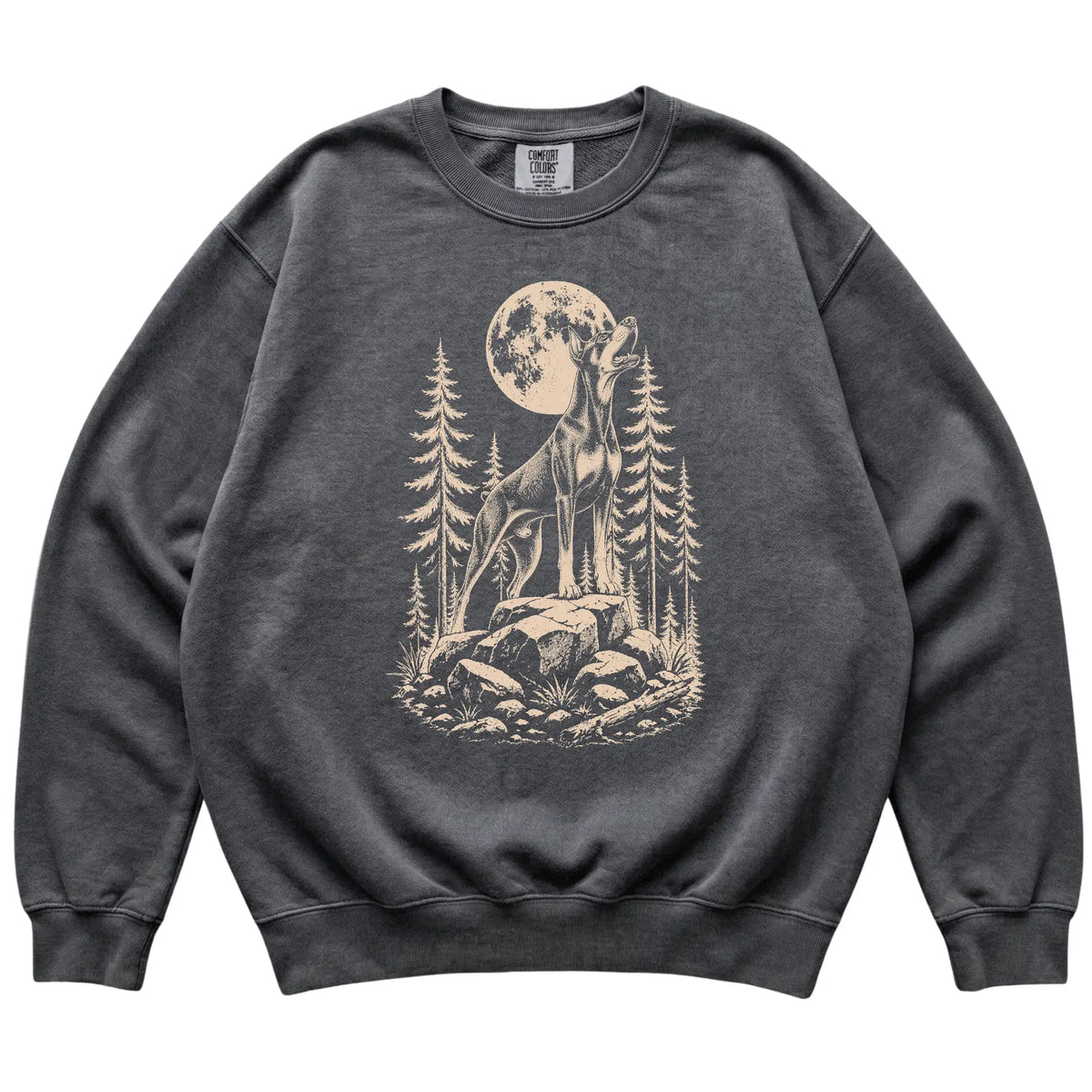 Close view of Doberman Howling at the Moon artwork on Pepper Comfort Colors sweatshirt