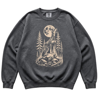 Close view of Doberman Howling at the Moon artwork on Pepper Comfort Colors sweatshirt