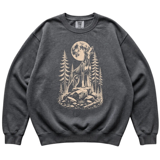Close view of Doberman Howling at the Moon artwork on Pepper Comfort Colors sweatshirt