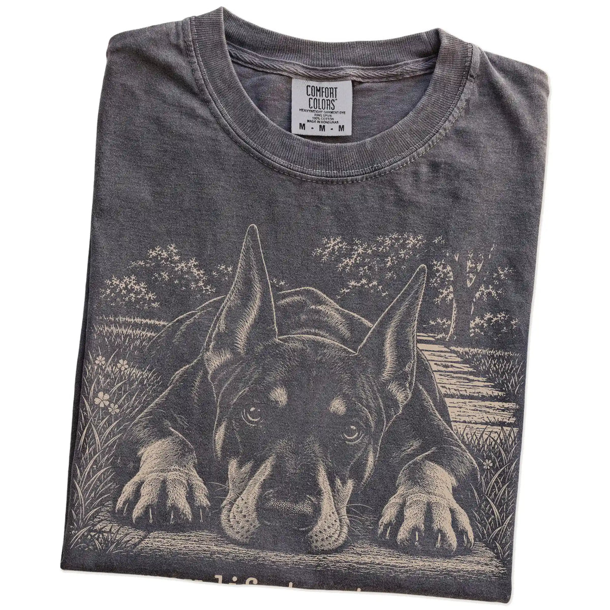 Doberman Karma Comfort Colors T-shirt in Pepper — Folded Detail