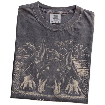 Doberman Karma Comfort Colors T-shirt in Pepper — Folded Detail