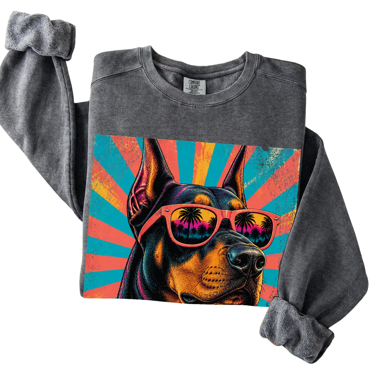 Folded Pepper Comfort Colors sweatshirt with a Retro Doberman Mama design