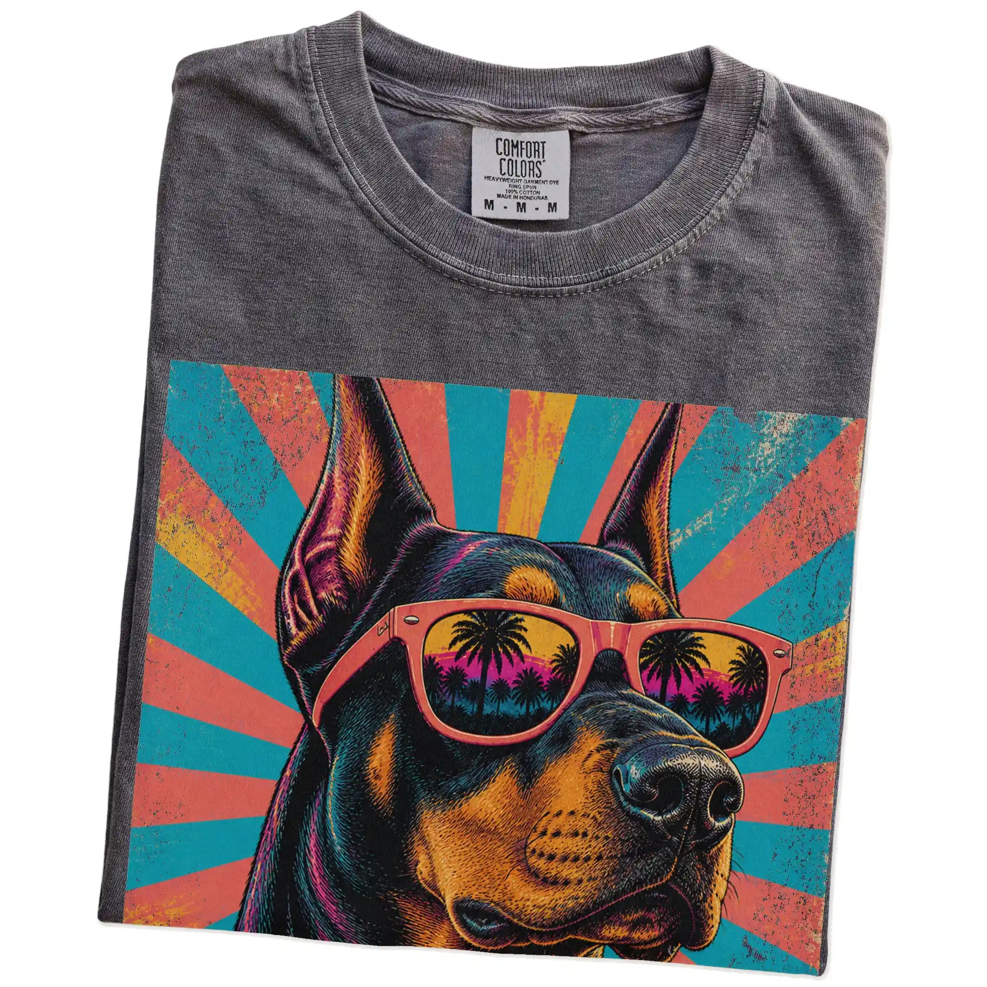 Retro Doberman Mama design on a Pepper Comfort Colors T-shirt folded detail
