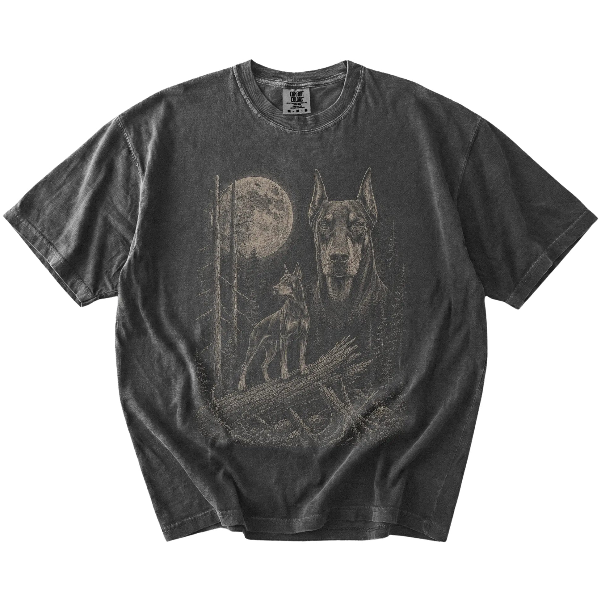 Pepper Doberman Moonlit Forest T-Shirt laid flat