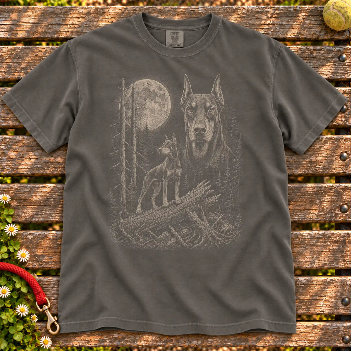 Doberman Moonlit Forest design on a Pepper T-shirt shown flat