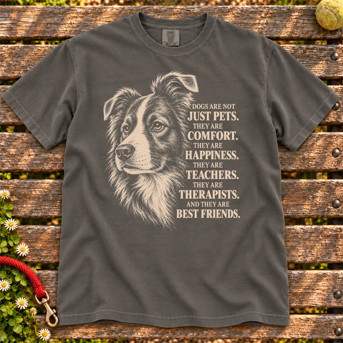 Dogs Are Not Just Pets Border Collie text design on a Pepper Comfort Colors T-shirt