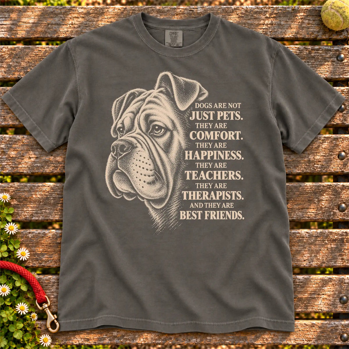 Dogs Are Not Just Pets Boxer text design on a Pepper Comfort Colors T-shirt