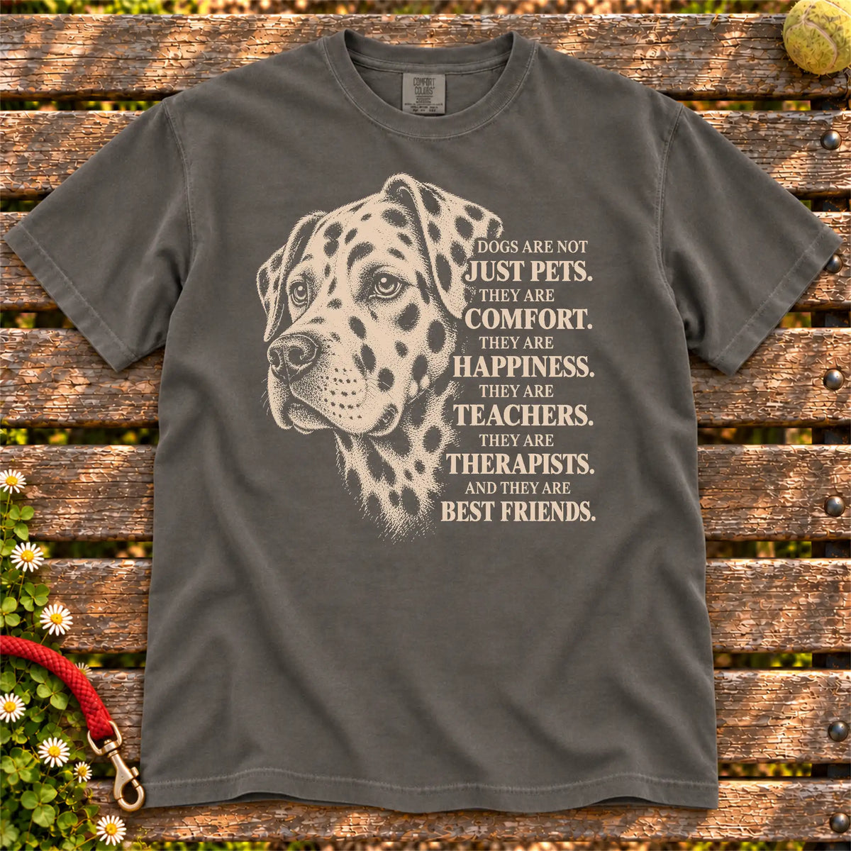 Dogs Are Not Just Pets Dalmatian text design on a Pepper Comfort Colors T-shirt