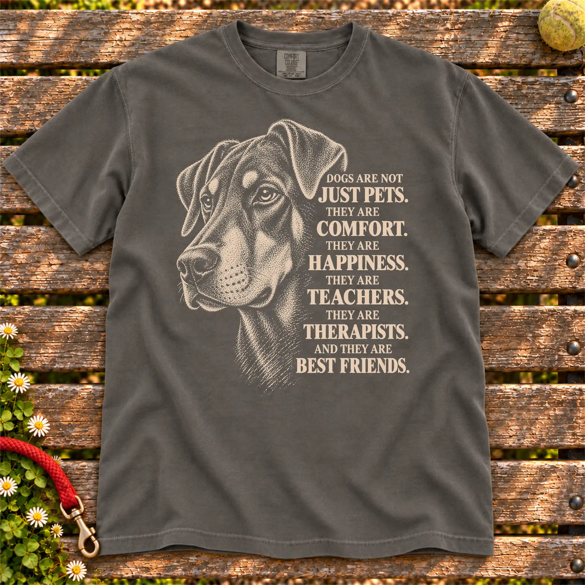 Dogs Are Not Just Pets Doberman text design on a Pepper Comfort Colors T-shirt