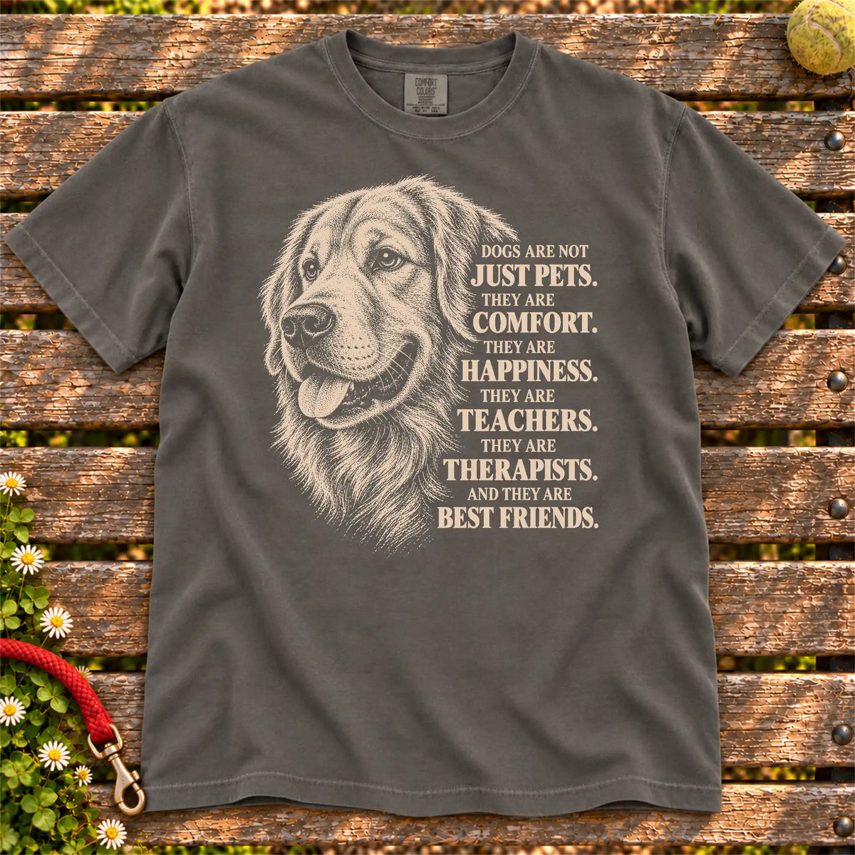 Dogs Are Not Just Pets Golden Retriever text design on a Pepper Comfort Colors T-shirt