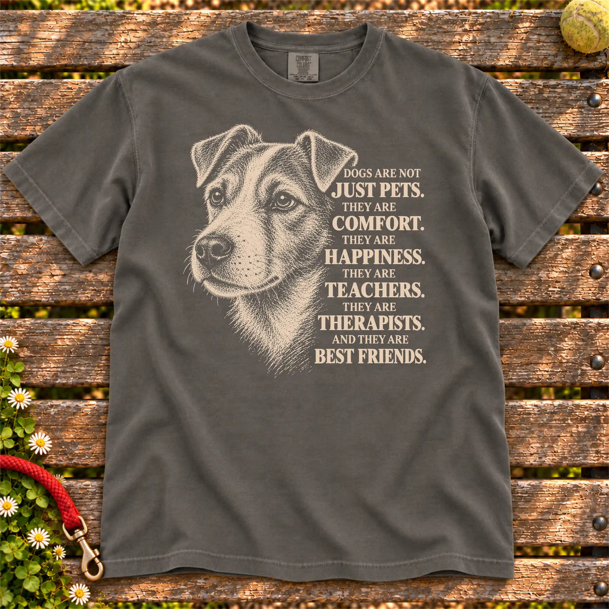 Dogs Are Not Just Pets Jack Russell text design on a Pepper Comfort Colors T-shirt