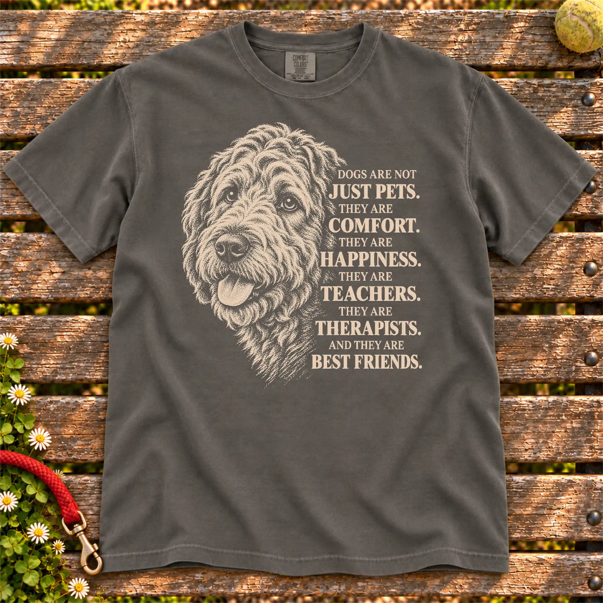 Dogs Are Not Just Pets Labradoodle text design on a Pepper Comfort Colors T-shirt