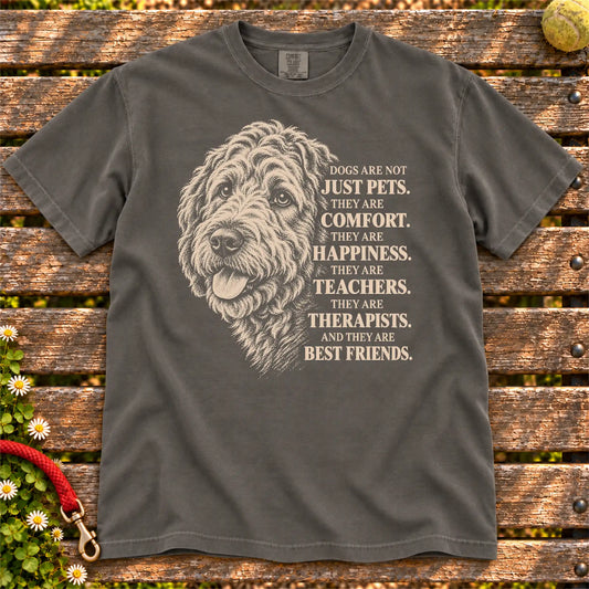 Dogs Are Not Just Pets Labradoodle text design on a Pepper Comfort Colors T-shirt
