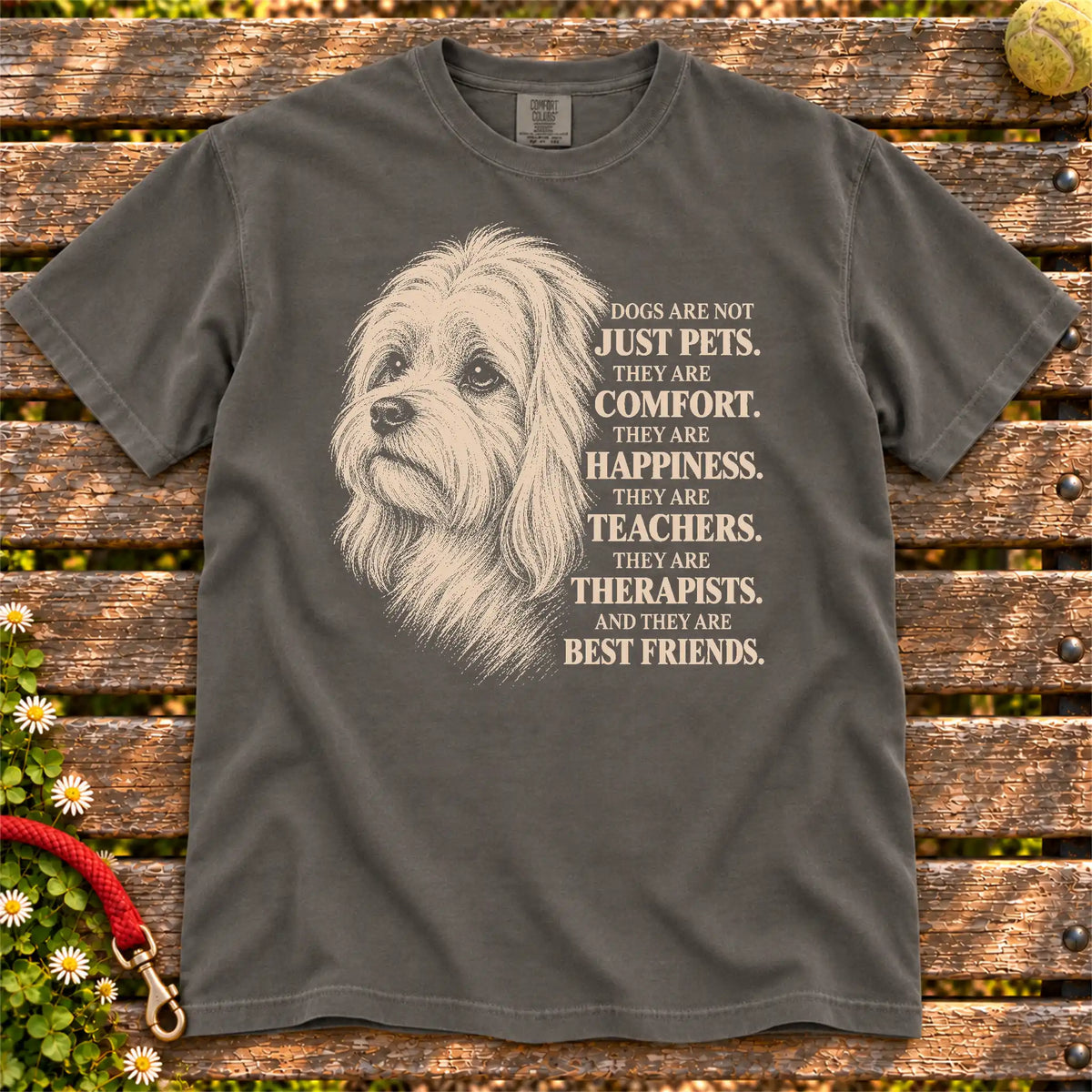 Dogs Are Not Just Pets Maltese text design on a Pepper Comfort Colors T-shirt