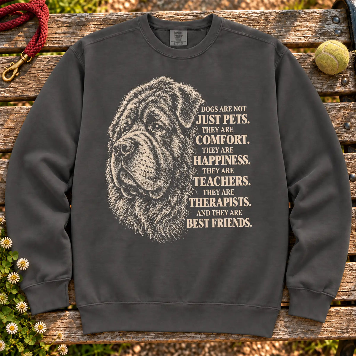 Dogs Are Not Just Pets Newfie text design on a Pepper Comfort Colors sweatshirt