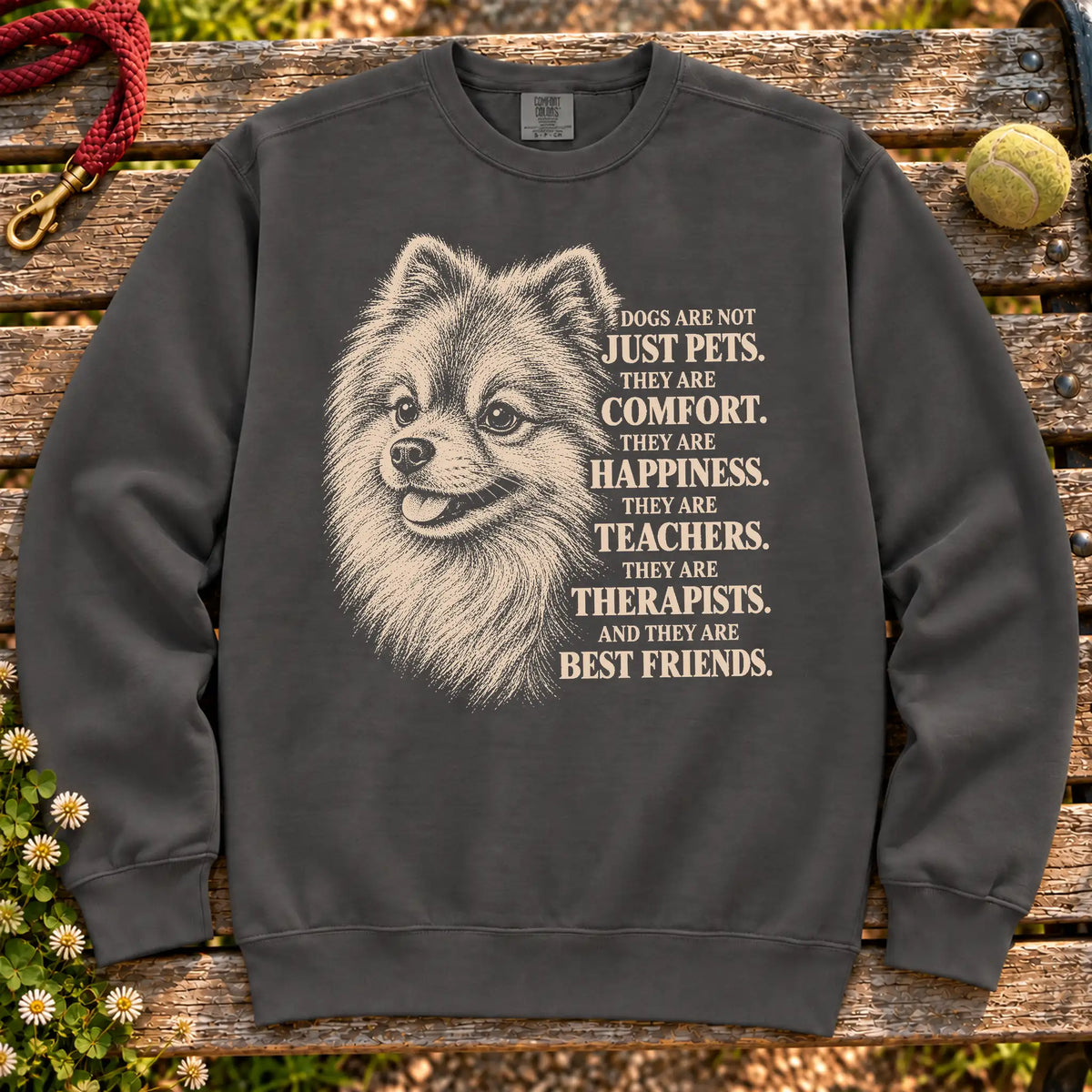 Dogs Are Not Just Pets Pomeranian text design on a Pepper Comfort Colors sweatshirt