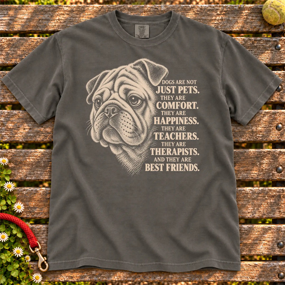 Dogs Are Not Just Pets Pug text design on a Pepper Comfort Colors T-shirt