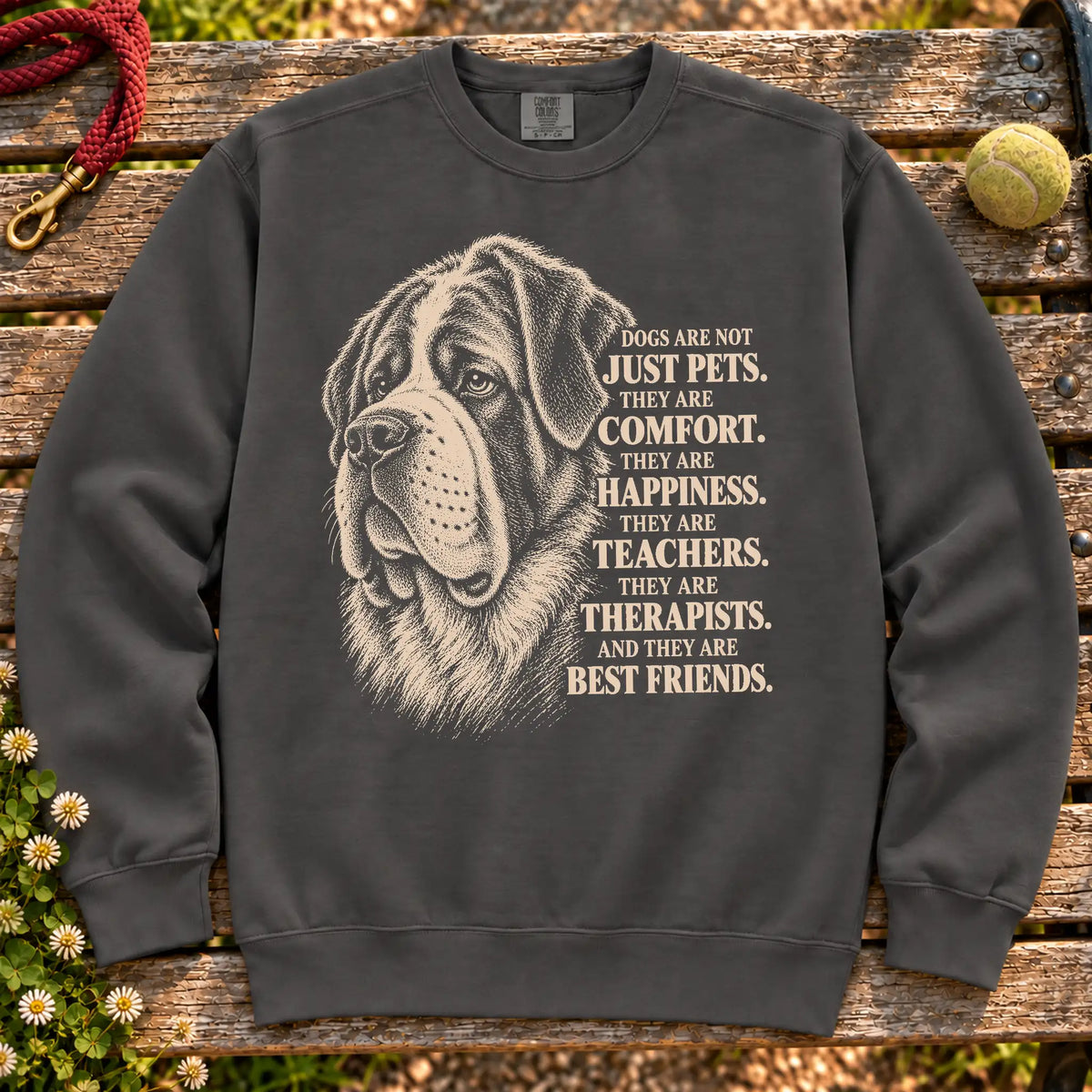 Dogs Are Not Just Pets Saint Bernard text design on a Pepper Comfort Colors sweatshirt