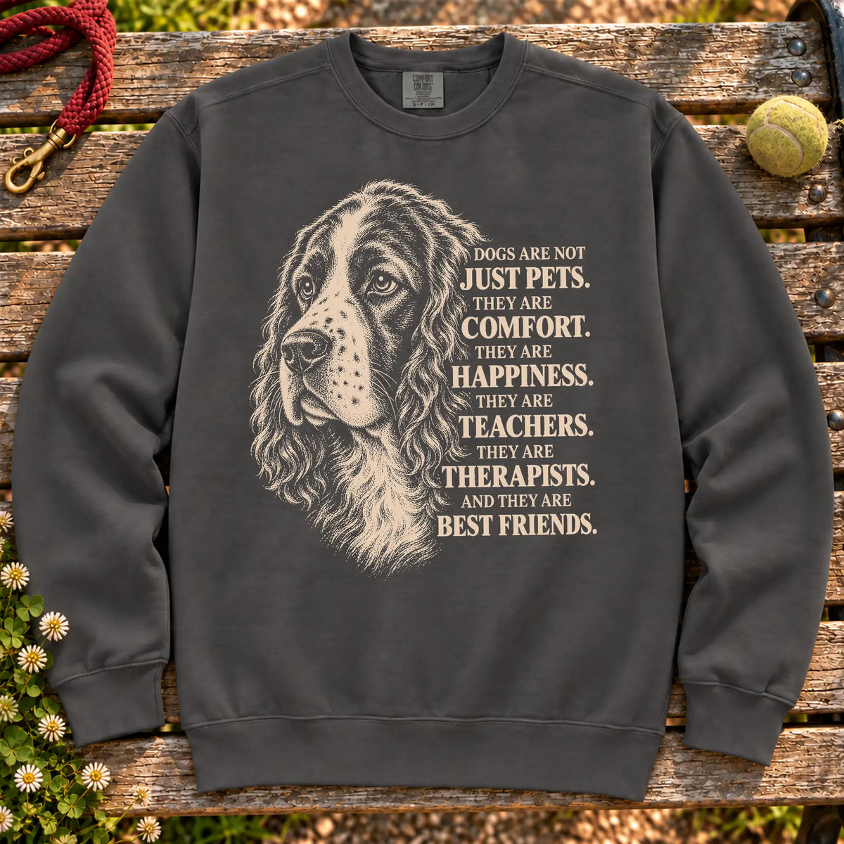Dogs Are Not Just Pets Springer Spaniel text design on a Pepper Comfort Colors sweatshirt