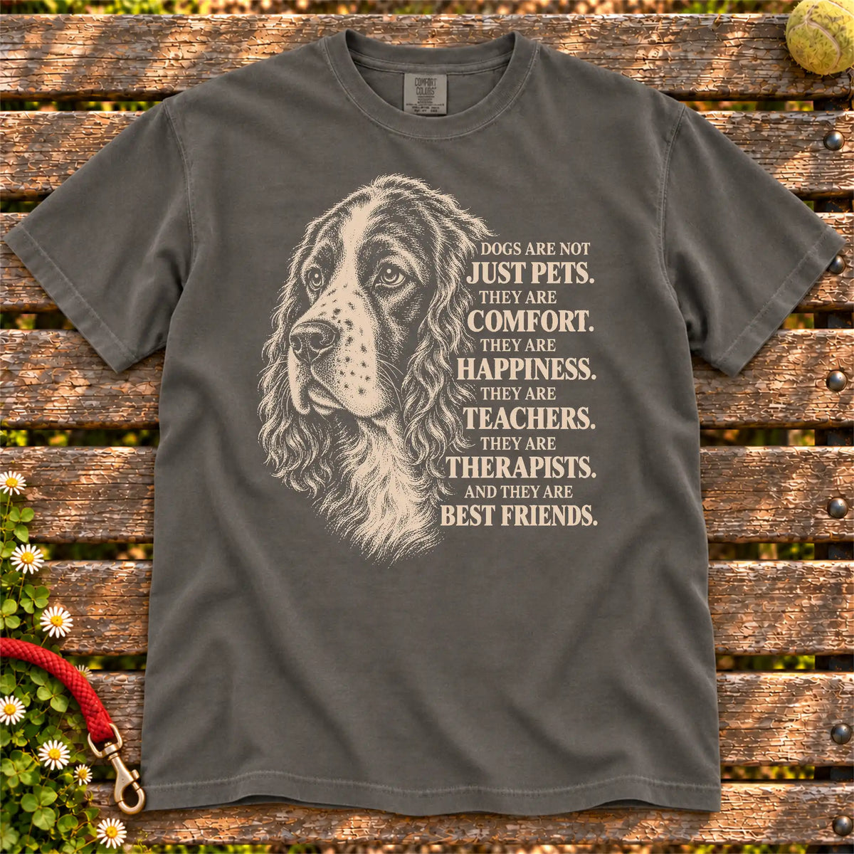 Dogs Are Not Just Pets Springer Spaniel text design on a Pepper Comfort Colors T-shirt