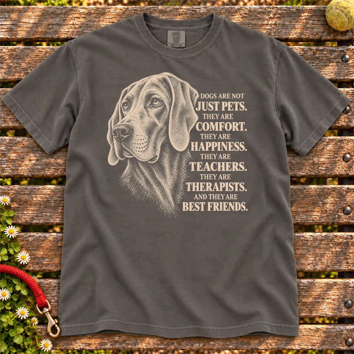 Dogs Are Not Just Pets Weimaraner text design on a Pepper Comfort Colors T-shirt