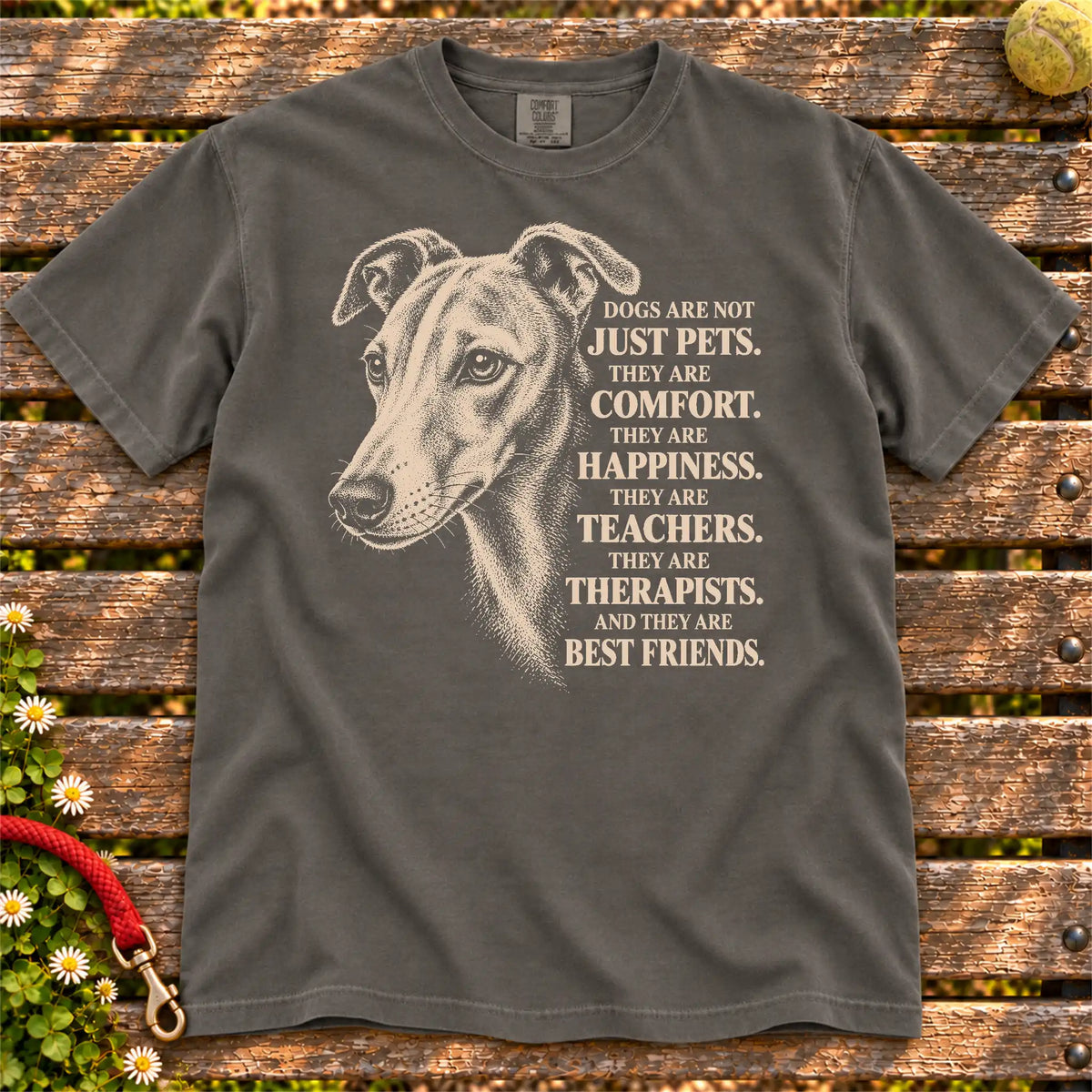 Dogs Are Not Just Pets Whippet text design on a Pepper Comfort Colors T-shirt