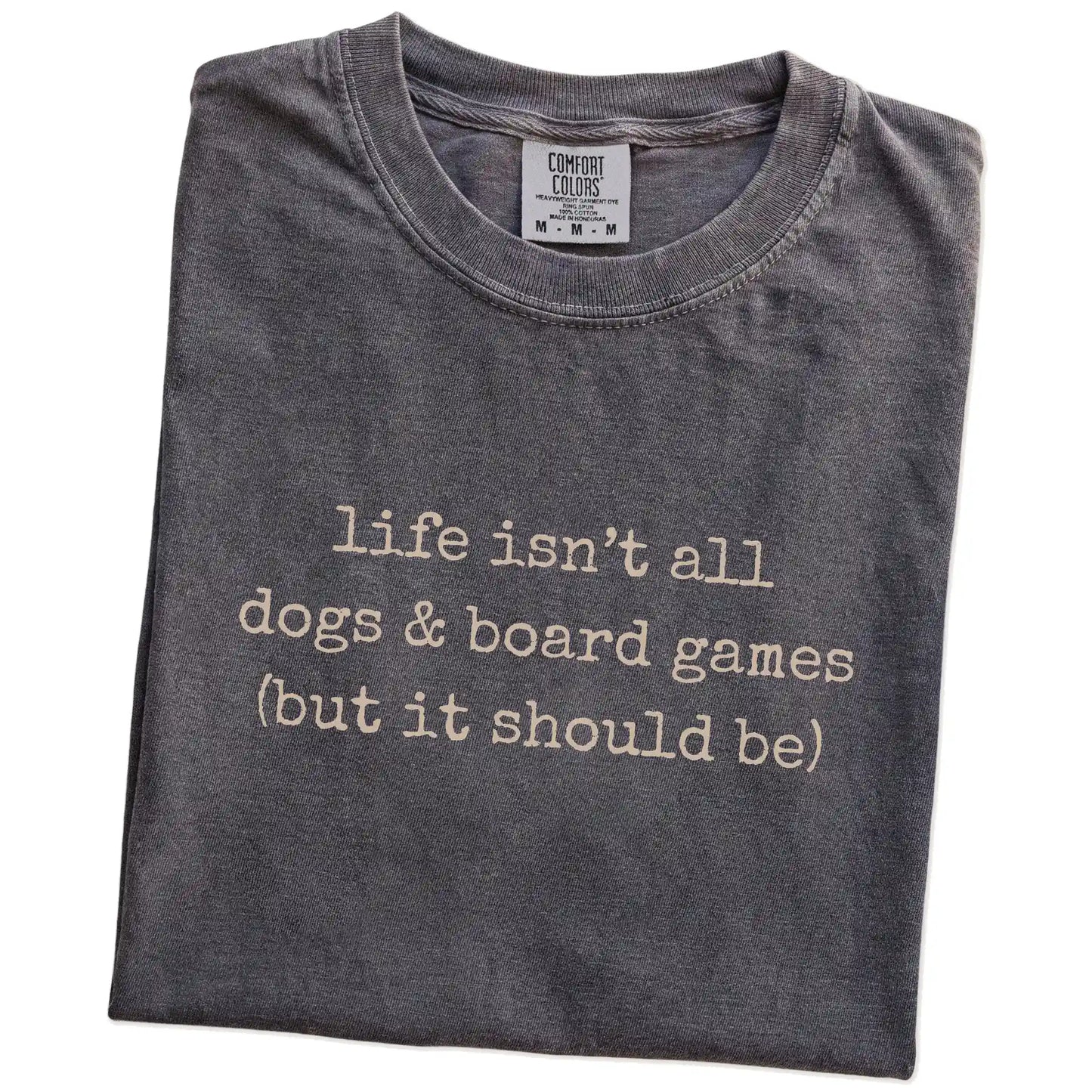 Folded Pepper Comfort Colors® T-shirt showing dog-themed board games graphic