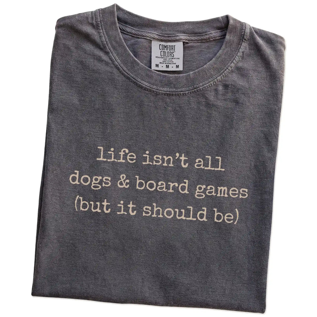 Folded Pepper Comfort Colors® T-shirt showing dog-themed board games graphic