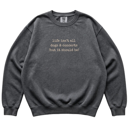 Pepper Dogs and Concerts Comfort Colors sweatshirt laid flat