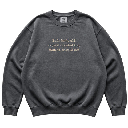 Pepper Dogs and Crocheting Comfort Colors sweatshirt laid flat