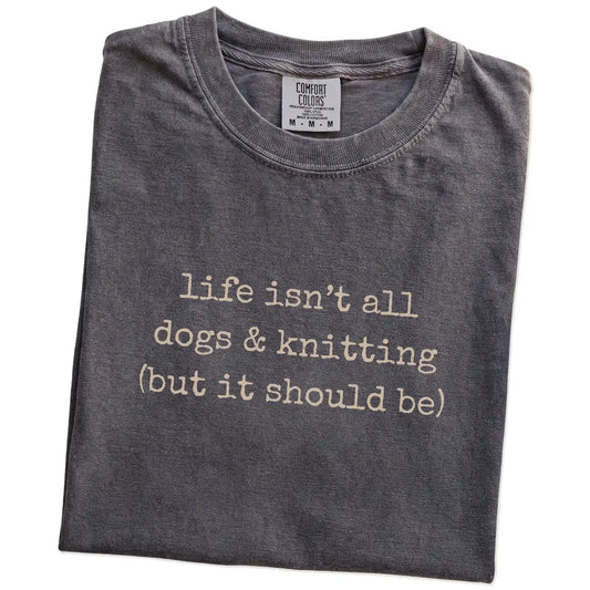 Folded Pepper Comfort Colors® T-shirt showing dog-themed knitting graphic