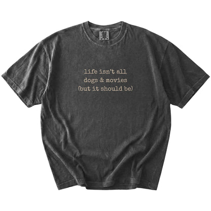 Dog-themed movies graphic on a Pepper Comfort Colors® T-shirt
