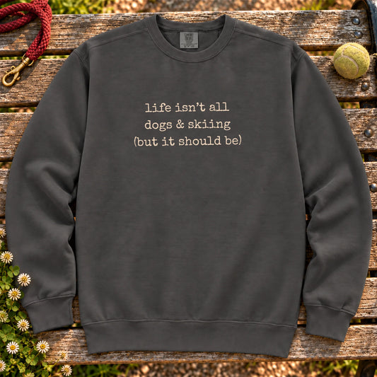 Dogs & Skiing design on a Pepper crewneck sweatshirt, shown flat