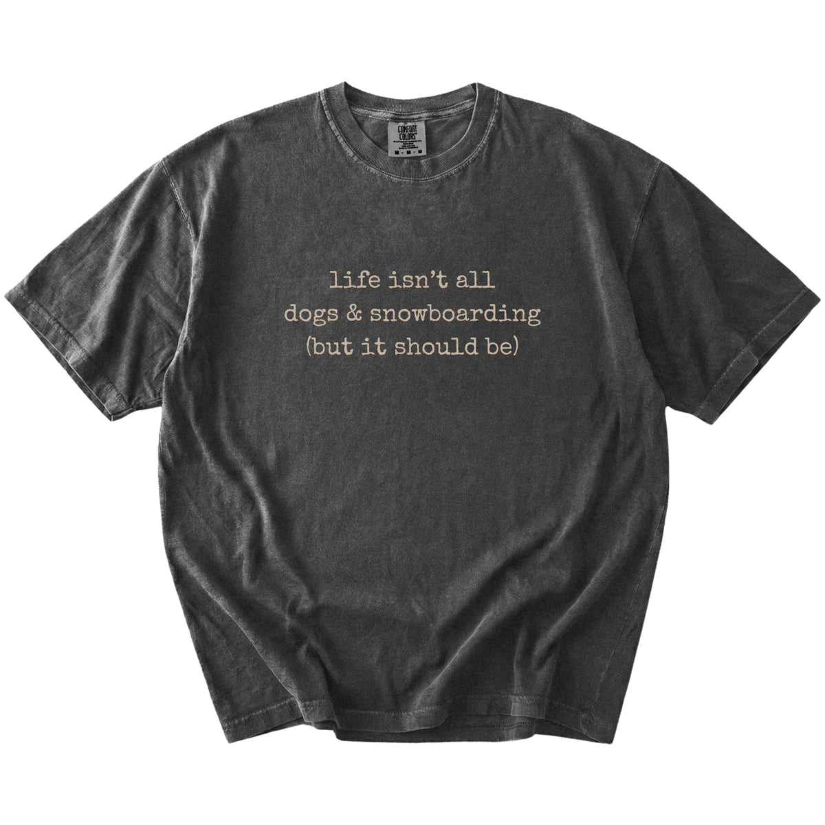 Dog-themed snowboarding graphic on a Pepper Comfort Colors® T-shirt