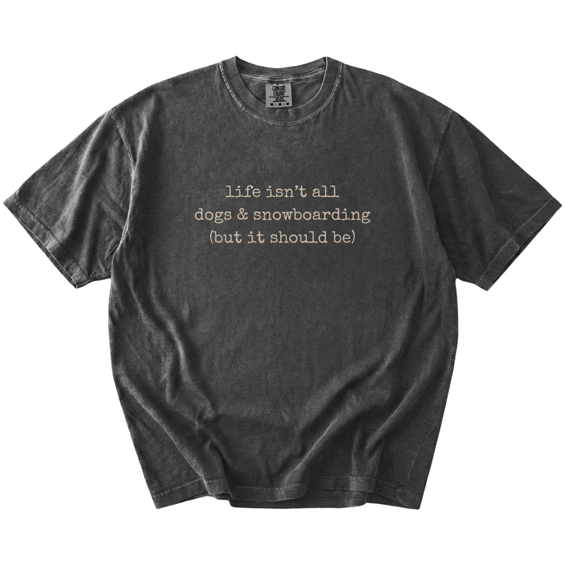 Dog-themed snowboarding graphic on a Pepper Comfort Colors® T-shirt