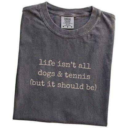 Folded Pepper Comfort Colors® T-shirt showing dog-themed tennis graphic