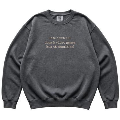 Pepper Dogs and Video Games Comfort Colors sweatshirt laid flat