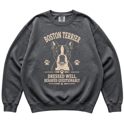 Pepper Comfort Colors® sweatshirt featuring Dressed Well, Behaved Questionably - Boston Terrier, laid-flat presentation