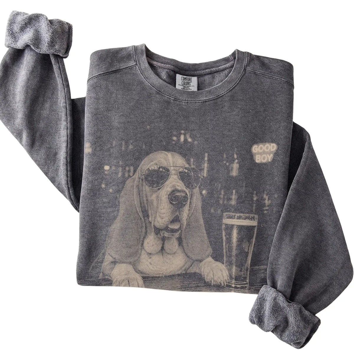 Pepper Basset Hound at a bar beside a pint, folded detail view