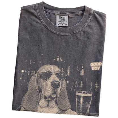 Pepper Basset Hound at a bar beside a pint, folded detail view