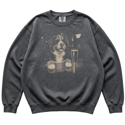Pepper Bernese Mountain Dog at a bar beside a pint, laid flat