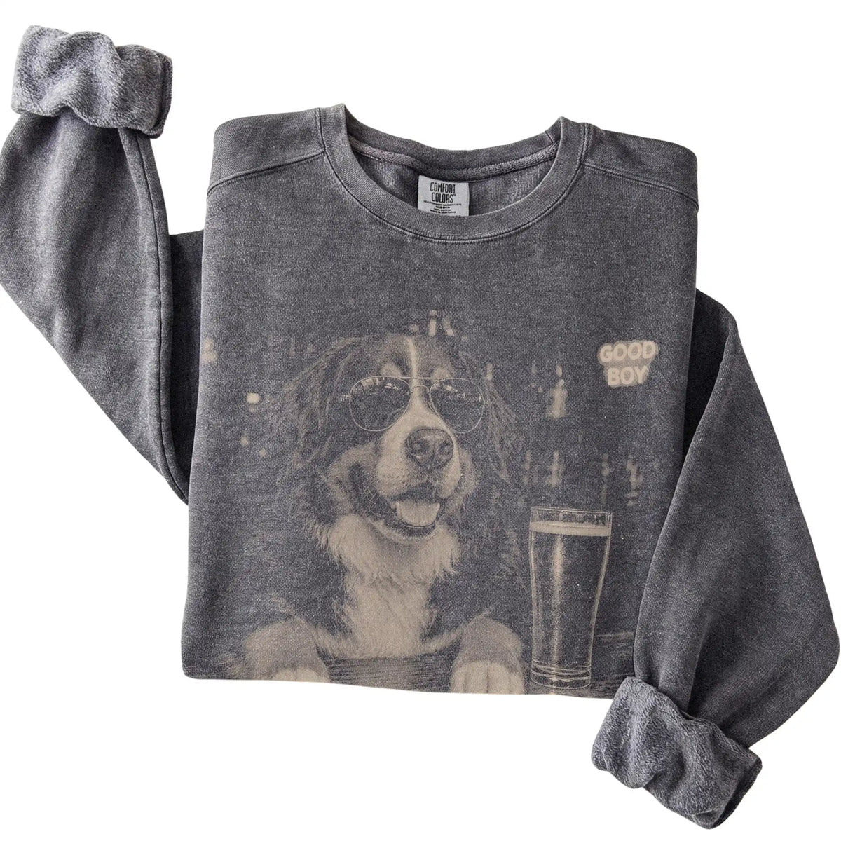 Pepper Bernese Mountain Dog at a bar beside a pint, folded detail view