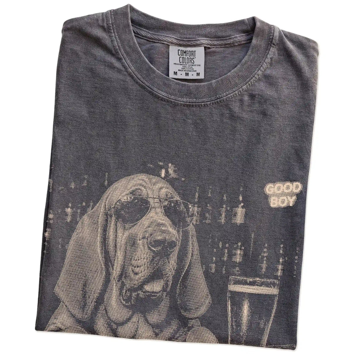 Pepper Bloodhound at a bar beside a pint, folded detail view