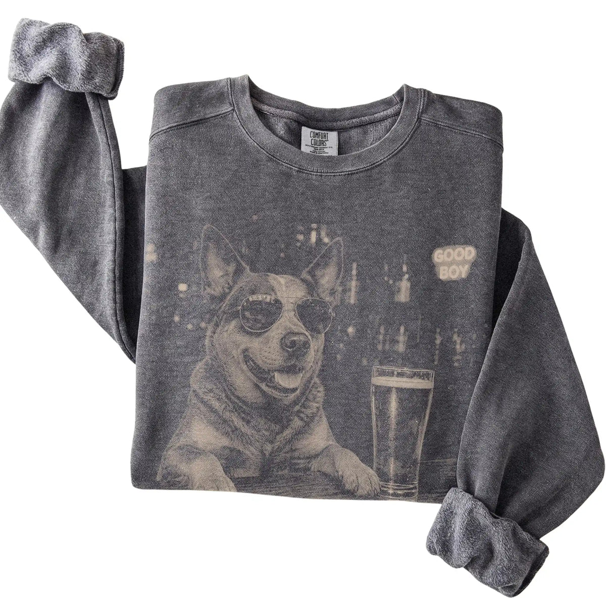Pepper Blue Heeler at a bar beside a pint, folded detail view