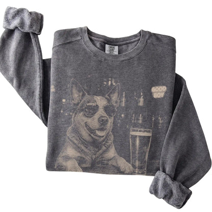 Pepper Blue Heeler at a bar beside a pint, folded detail view