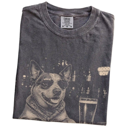 Pepper Blue Heeler at a bar beside a pint, folded detail view