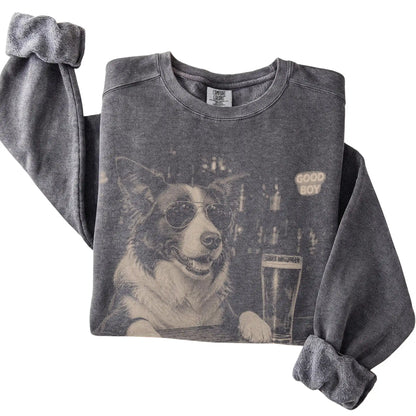 Pepper Border Collie at a bar beside a pint, folded detail view