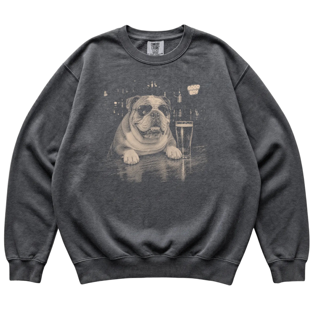Pepper English Bulldog at a bar beside a pint, laid flat
